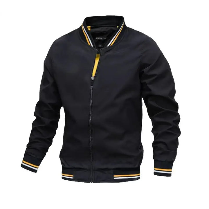 Men's lightweight bomber jacket featuring stylish striped trim, perfect for casual wear and versatile fashion. 2