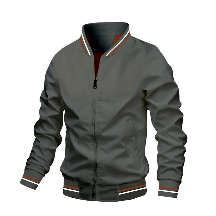 Men's lightweight bomber jacket featuring stylish striped trim, perfect for casual wear and versatile fashion. 3