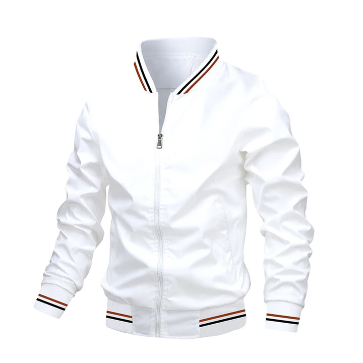 Men's lightweight bomber jacket featuring stylish striped trim, perfect for casual wear and versatile fashion. 5