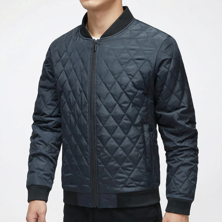 Men's lightweight diamond quilted bomber jacket in navy blue, featuring a stylish zip closure, ribbed cuffs and hem, and a modern fit, perfect 3