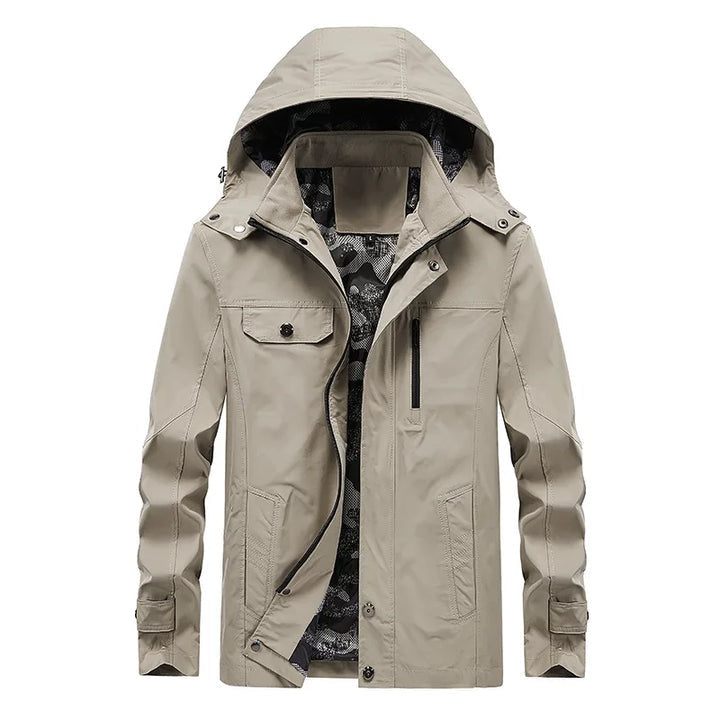Men's lightweight hooded black windbreaker jacket featuring a water-resistant shell, perfect for outdoor activities and stylish for everyday wear. 0
