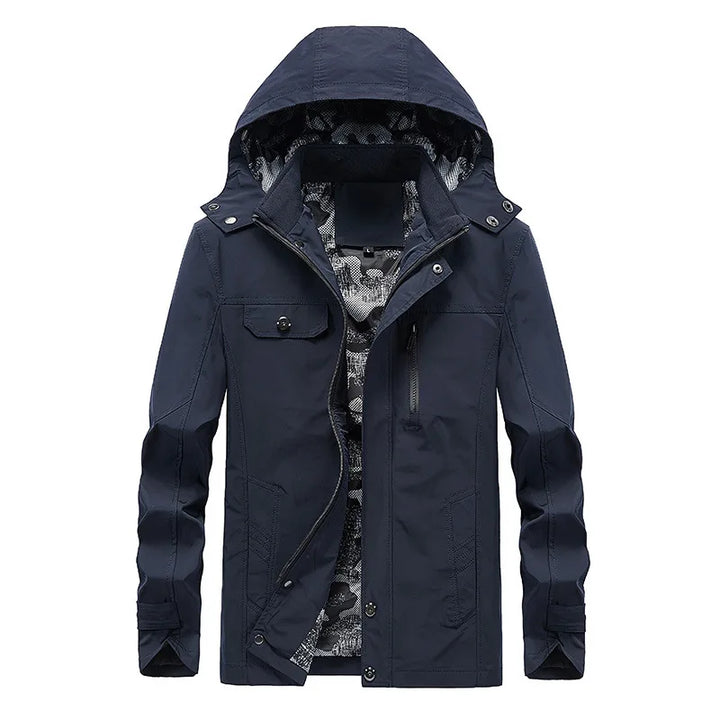 Men's lightweight hooded black windbreaker jacket featuring a water-resistant shell, perfect for outdoor activities and stylish for everyday wear. 1