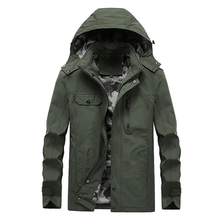 Men's lightweight hooded black windbreaker jacket featuring a water-resistant shell, perfect for outdoor activities and stylish for everyday wear. 2