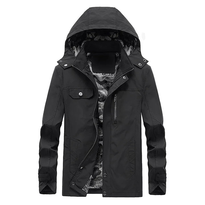Men's lightweight hooded black windbreaker jacket featuring a water-resistant shell, perfect for outdoor activities and stylish for everyday wear. 3