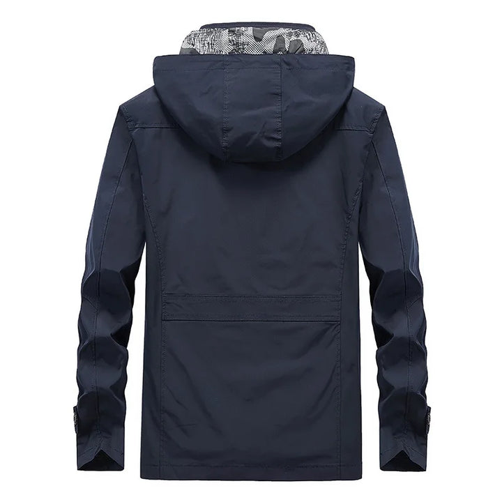 Men's lightweight hooded black windbreaker jacket featuring a water-resistant shell, perfect for outdoor activities and stylish for everyday wear. 4