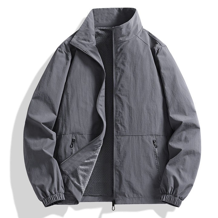 Men's lightweight stand-collar zip-up jacket in a stylish design, perfect for casual wear, featuring a comfortable fit and versatile color options. 0