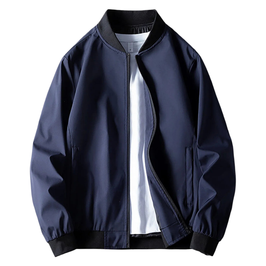 Men's lightweight wind-resistant softshell bomber jacket in navy blue, featuring a stylish design, zippered front, and comfortable fit, perfect for outdoor activities 3