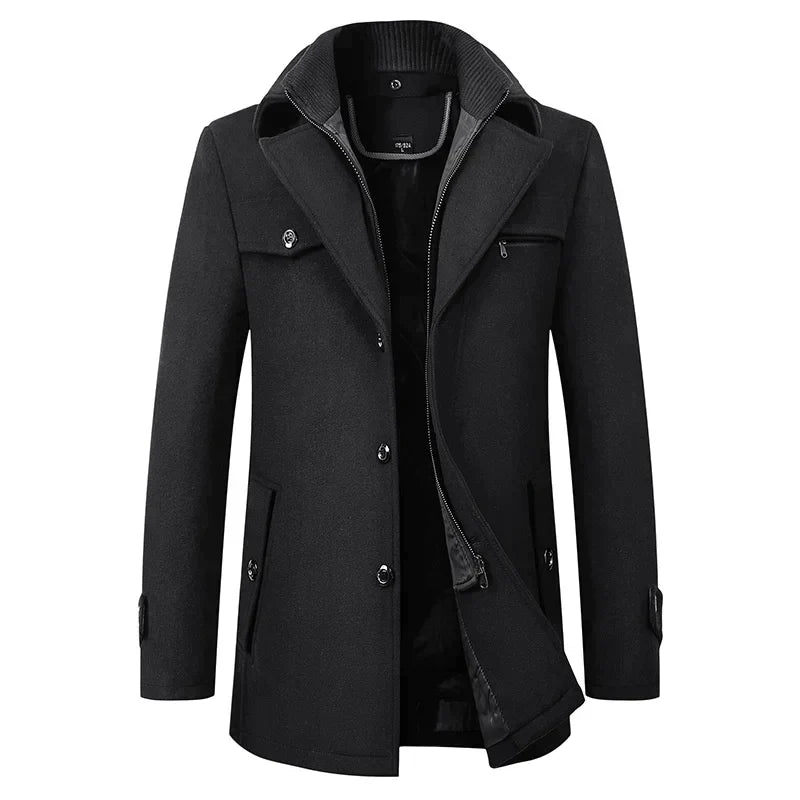 Men's long double-breasted trench coat featuring stylish button detail, perfect for a sophisticated and timeless look. 0
