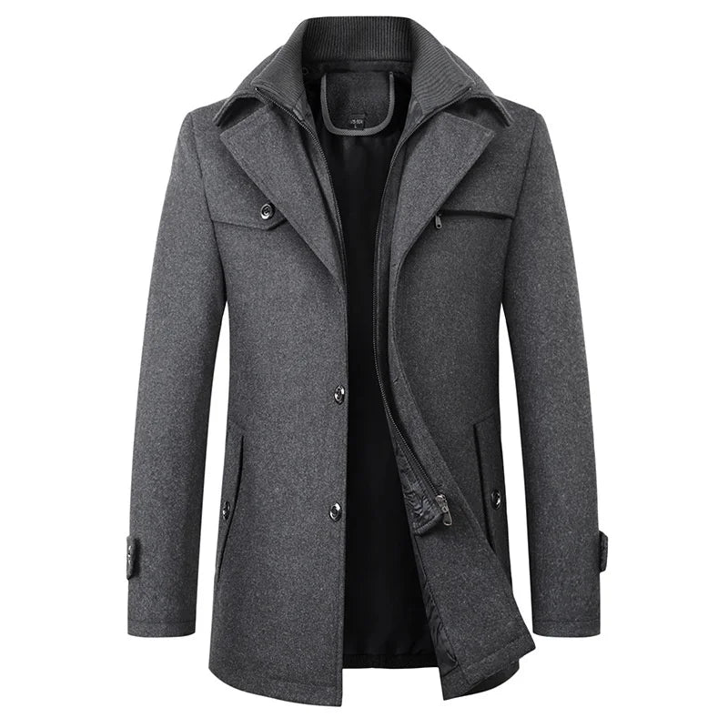 Men's long double-breasted trench coat featuring stylish button detail, perfect for a sophisticated and timeless look. 1