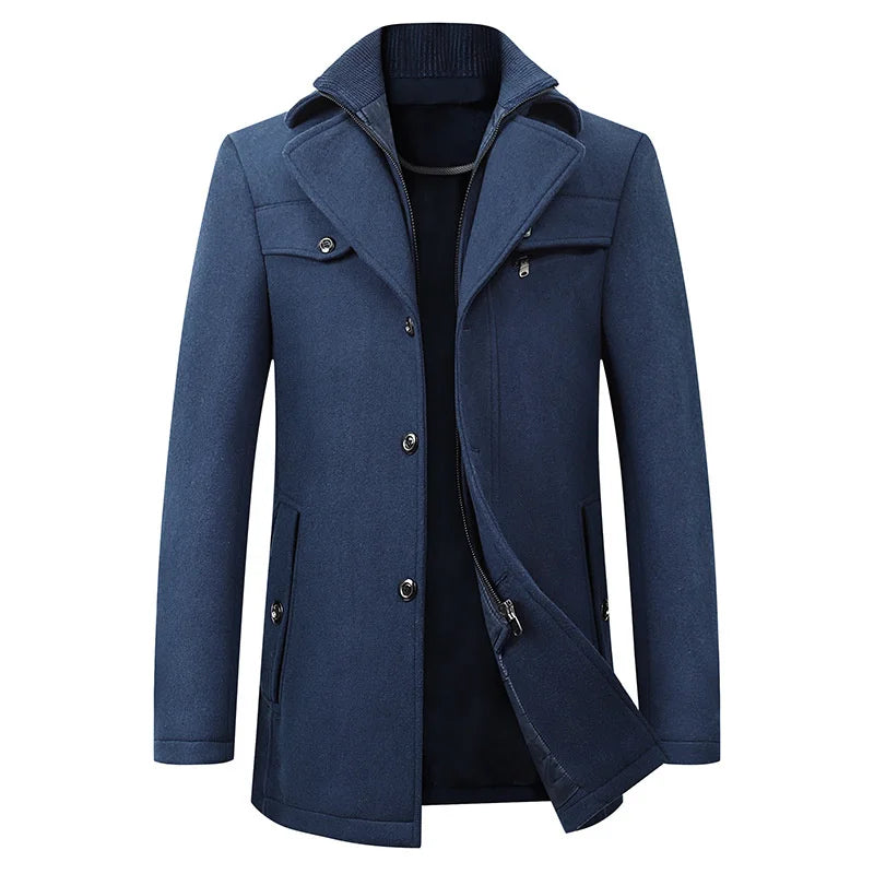 Men's long double-breasted trench coat featuring stylish button detail, perfect for a sophisticated and timeless look. 2