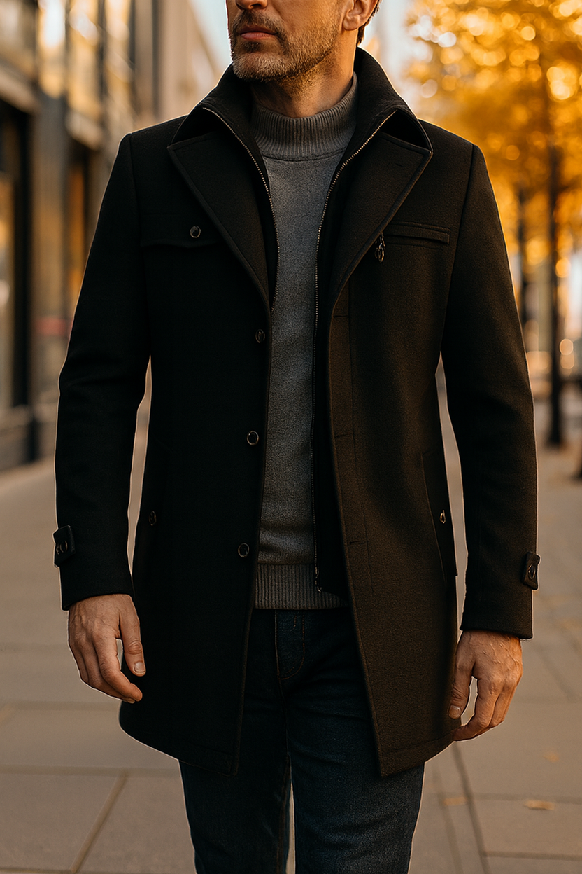 Men's long double-breasted trench coat featuring stylish button detail, perfect for a sophisticated and timeless look. 5