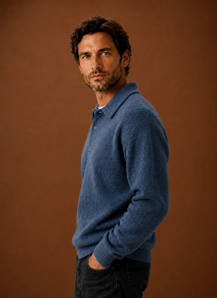 Men's Long Sleeve Knit Polo Sweater with Button Placket 1