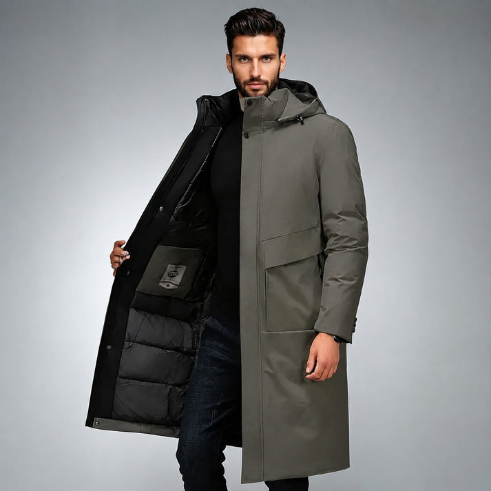 Men's longline hooded parka featuring a thermal lining for added warmth, designed for stylish winter protection. 0