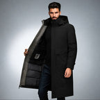 Men's longline hooded parka featuring a thermal lining for added warmth, designed for stylish winter protection. 1