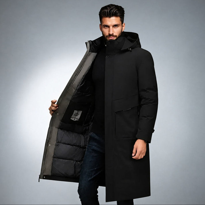 Men's longline hooded parka featuring a thermal lining for added warmth, designed for stylish winter protection. 1