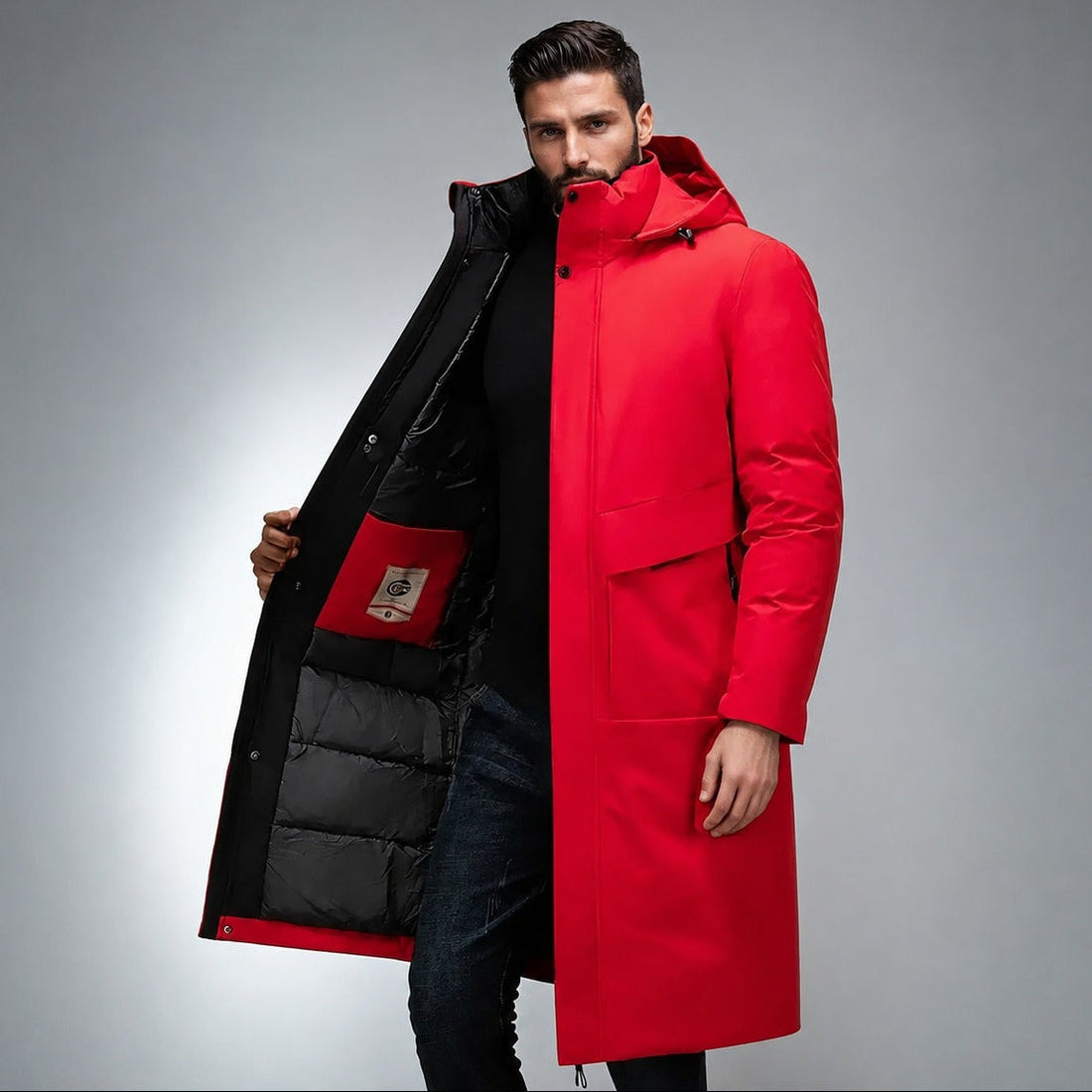 Men's longline hooded parka featuring a thermal lining for added warmth, designed for stylish winter protection. 2