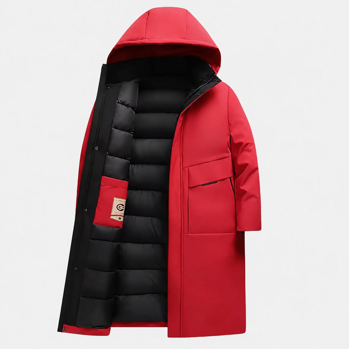 Men's longline hooded parka featuring a thermal lining for added warmth, designed for stylish winter protection. 3