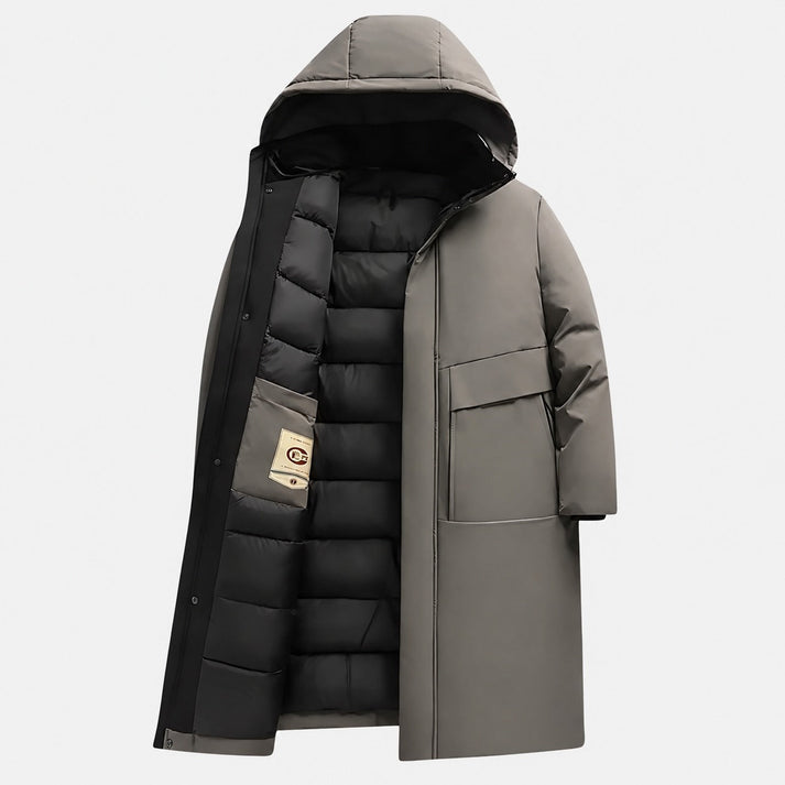 Men's longline hooded parka featuring a thermal lining for added warmth, designed for stylish winter protection. 4