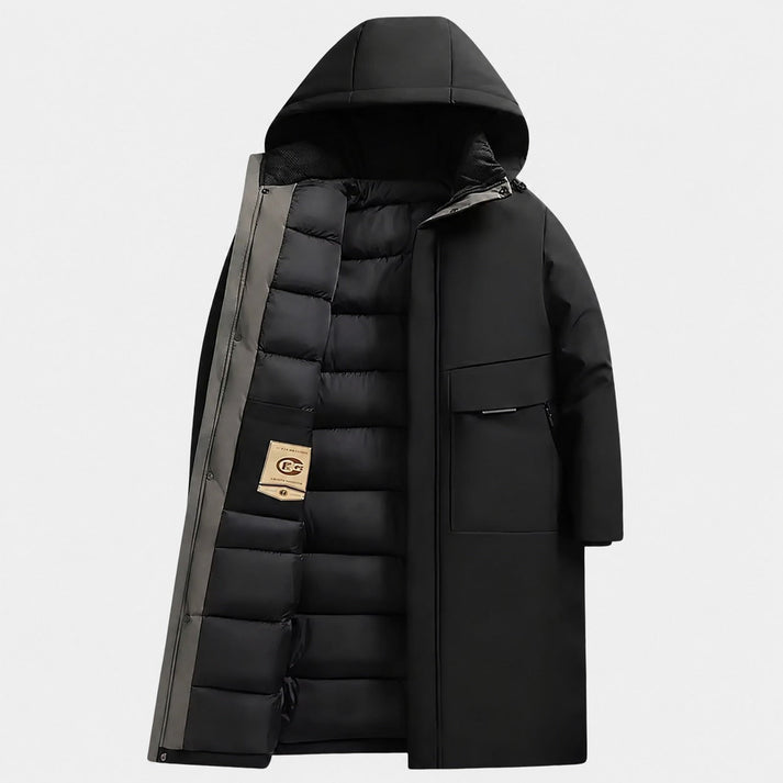 Men's longline hooded parka featuring a thermal lining for added warmth, designed for stylish winter protection. 5
