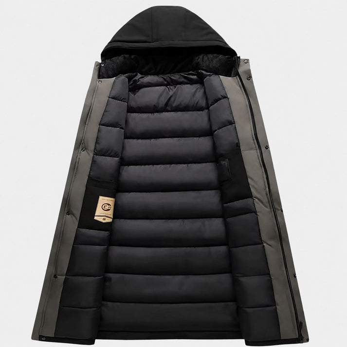 Men's longline hooded parka featuring a thermal lining for added warmth, designed for stylish winter protection. 6