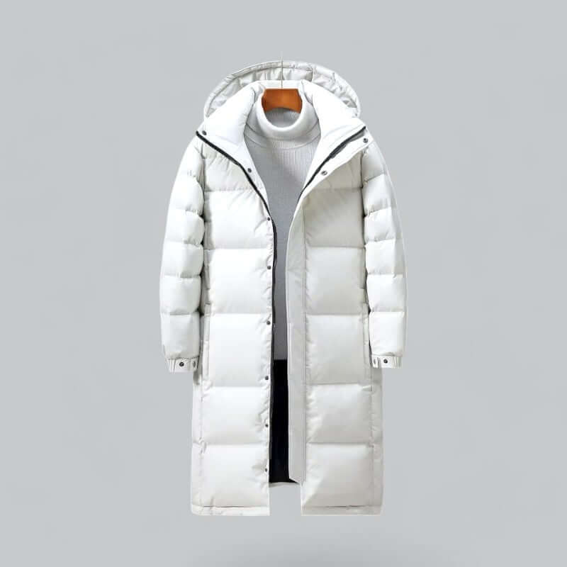 Men's longline quilted winter coat featuring a hood and snap-button cuffs, ideal for warmth and style in cold weather. 0