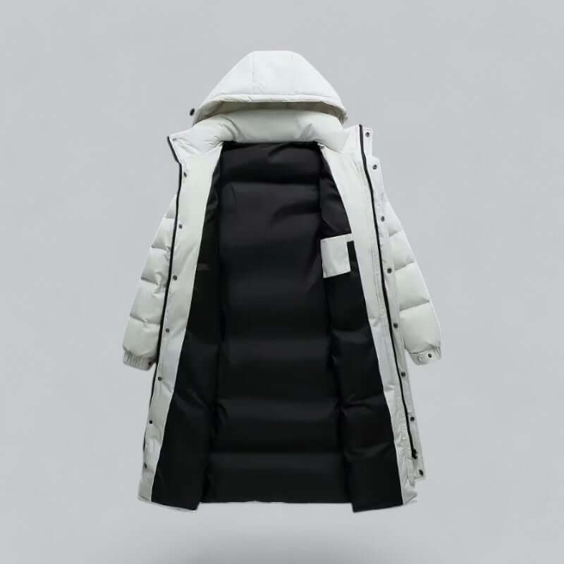 Men's longline quilted winter coat featuring a hood and snap-button cuffs, ideal for warmth and style in cold weather. 4