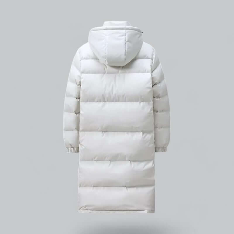 Men's longline quilted winter coat featuring a hood and snap-button cuffs, ideal for warmth and style in cold weather. 5