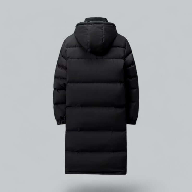 Men's longline quilted winter coat featuring a hood and snap-button cuffs, ideal for warmth and style in cold weather. 6