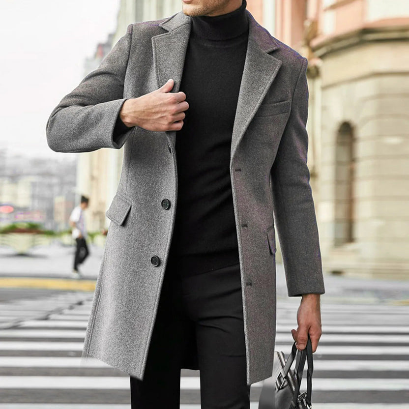 Men's mid-length tailored jacket with a smooth finish, perfect for versatile style in both casual and formal settings. 0