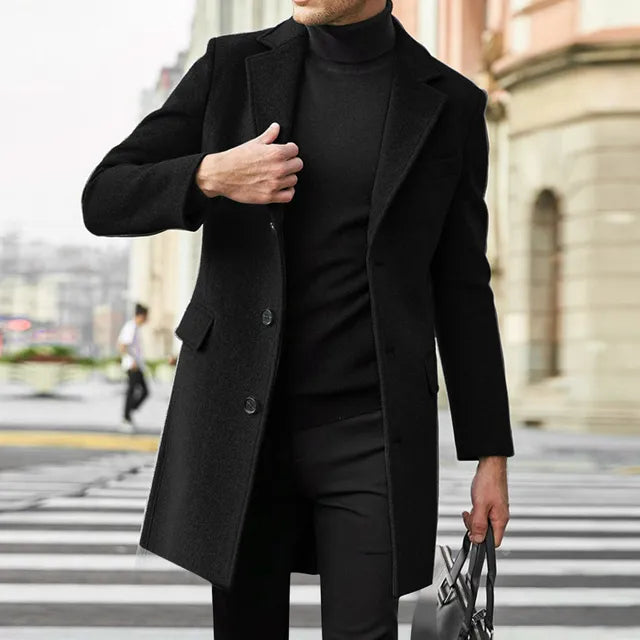 Men's mid-length tailored jacket with a smooth finish, perfect for versatile style in both casual and formal settings. 1