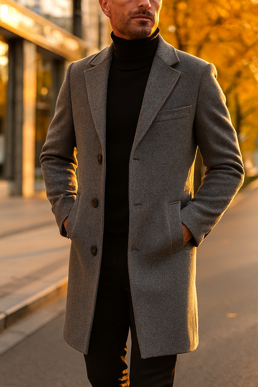 Men's mid-length tailored jacket with a smooth finish, perfect for versatile style in both casual and formal settings. 2