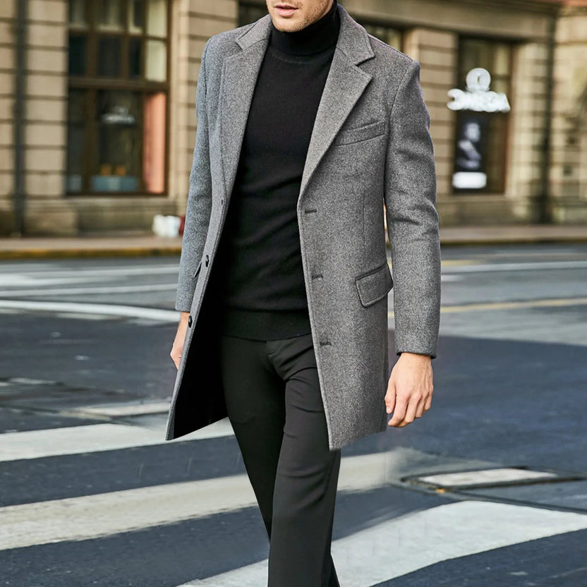 Men's mid-length tailored jacket with a smooth finish, perfect for versatile style in both casual and formal settings. 4