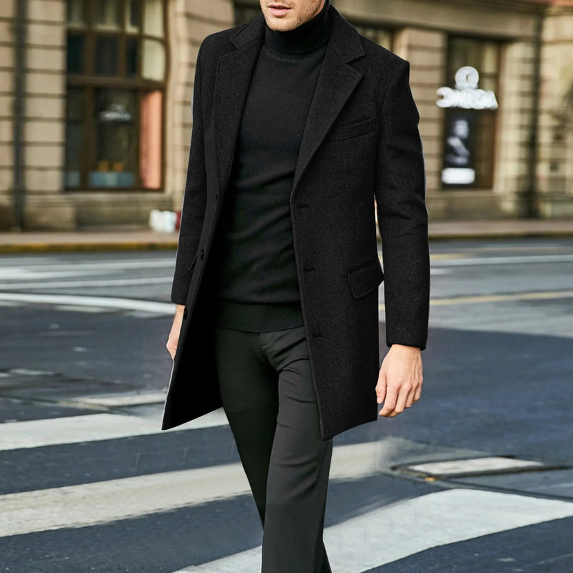 Men's mid-length tailored jacket with a smooth finish, perfect for versatile style in both casual and formal settings. 5