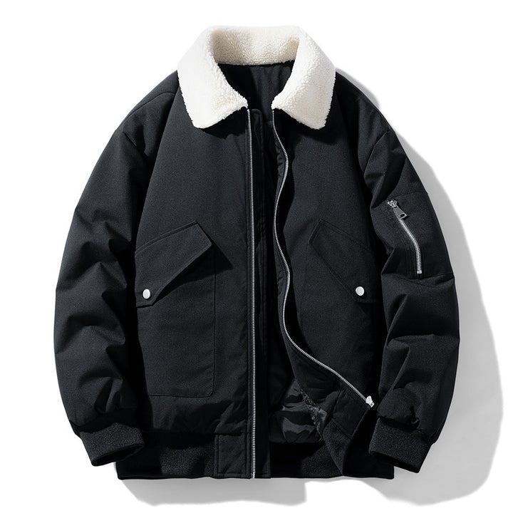 Men's padded bomber jacket featuring a cozy Sherpa collar, perfect for warmth and style in cold weather. 0