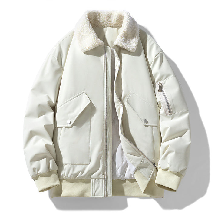 Men's padded bomber jacket featuring a cozy Sherpa collar, perfect for warmth and style in cold weather. 1