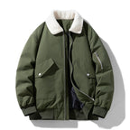 Men's padded bomber jacket featuring a cozy Sherpa collar, perfect for warmth and style in cold weather. 2