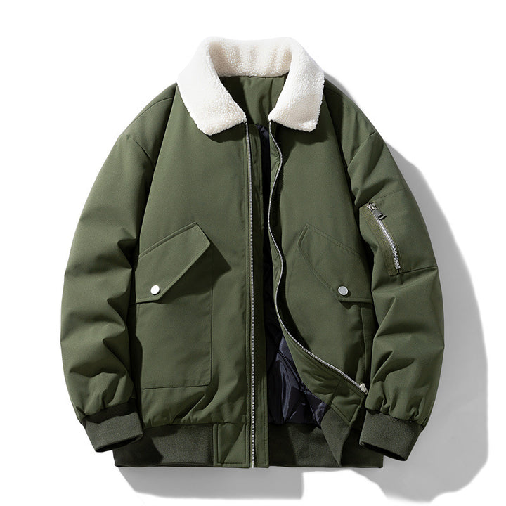 Men's padded bomber jacket featuring a cozy Sherpa collar, perfect for warmth and style in cold weather. 2