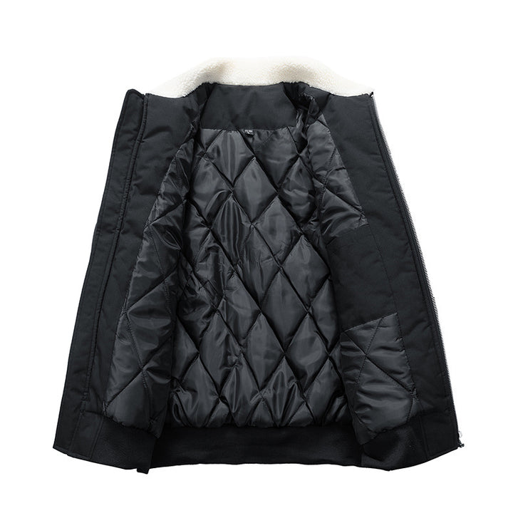 Men's padded bomber jacket featuring a cozy Sherpa collar, perfect for warmth and style in cold weather. 4