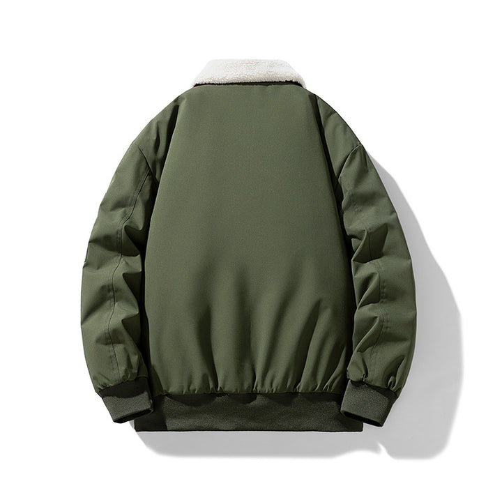 Men's padded bomber jacket featuring a cozy Sherpa collar, perfect for warmth and style in cold weather. 6