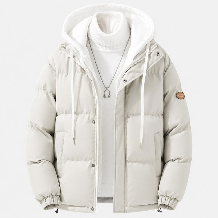 Men's quilted hooded puffer jacket featuring adjustable cuffs and hem, perfect for winter warmth and style. 2