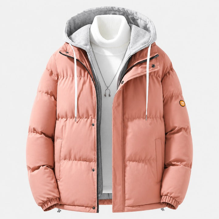 Men's quilted hooded puffer jacket featuring adjustable cuffs and hem, perfect for winter warmth and style. 3