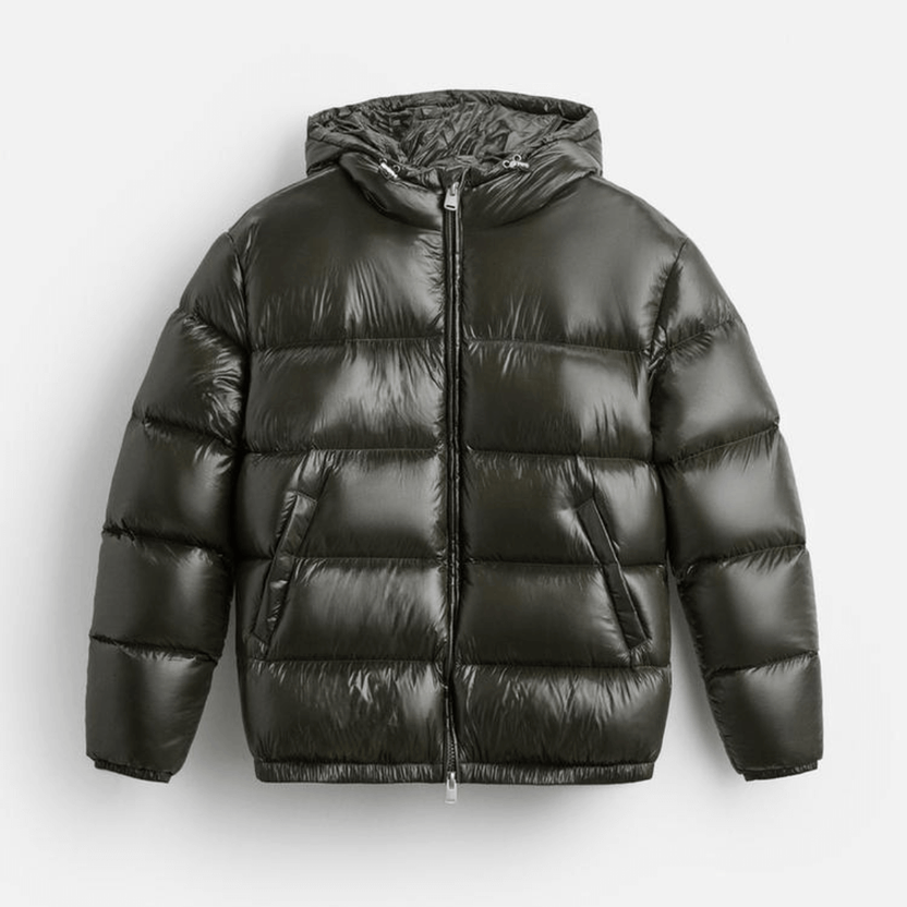 Men's quilted hooded puffer jacket featuring a glossy finish, perfect for winter wear, designed for warmth and style. 0