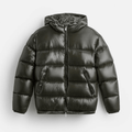 Men's quilted hooded puffer jacket featuring a glossy finish, perfect for winter wear, designed for warmth and style. 0