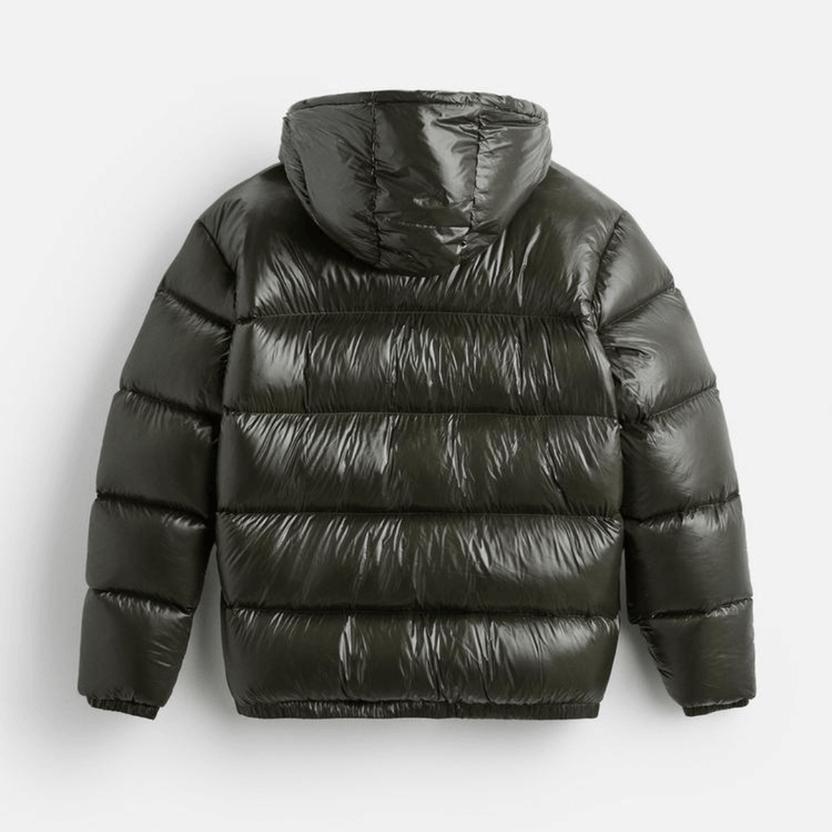 Men's quilted hooded puffer jacket featuring a glossy finish, perfect for winter wear, designed for warmth and style. 2