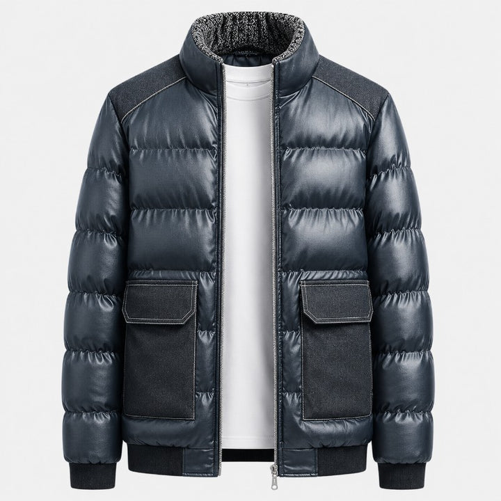 Men's quilted utility puffer jacket featuring reinforced panels for enhanced durability and warmth, ideal for outdoor activities and casual wear. 1