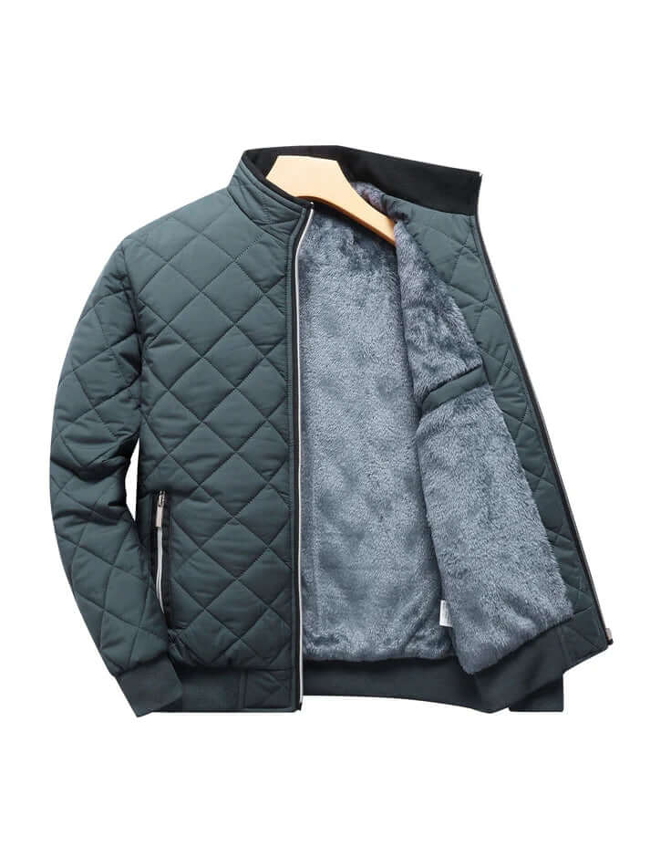Men's quilted winter jacket featuring a cozy faux fur lining and stylish ribbed cuffs, perfect for staying warm and fashionable in cold weather. 8