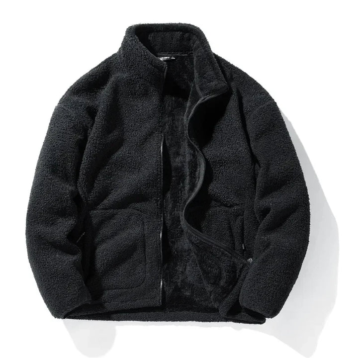 Men's relaxed fit fleece zip-up jacket in navy blue, featuring a cozy design, front pockets, and adjustable cuffs, perfect for casual outings and outdoor 2