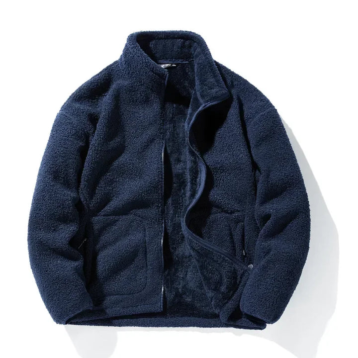 Men's relaxed fit fleece zip-up jacket in navy blue, featuring a cozy design, front pockets, and adjustable cuffs, perfect for casual outings and outdoor 3