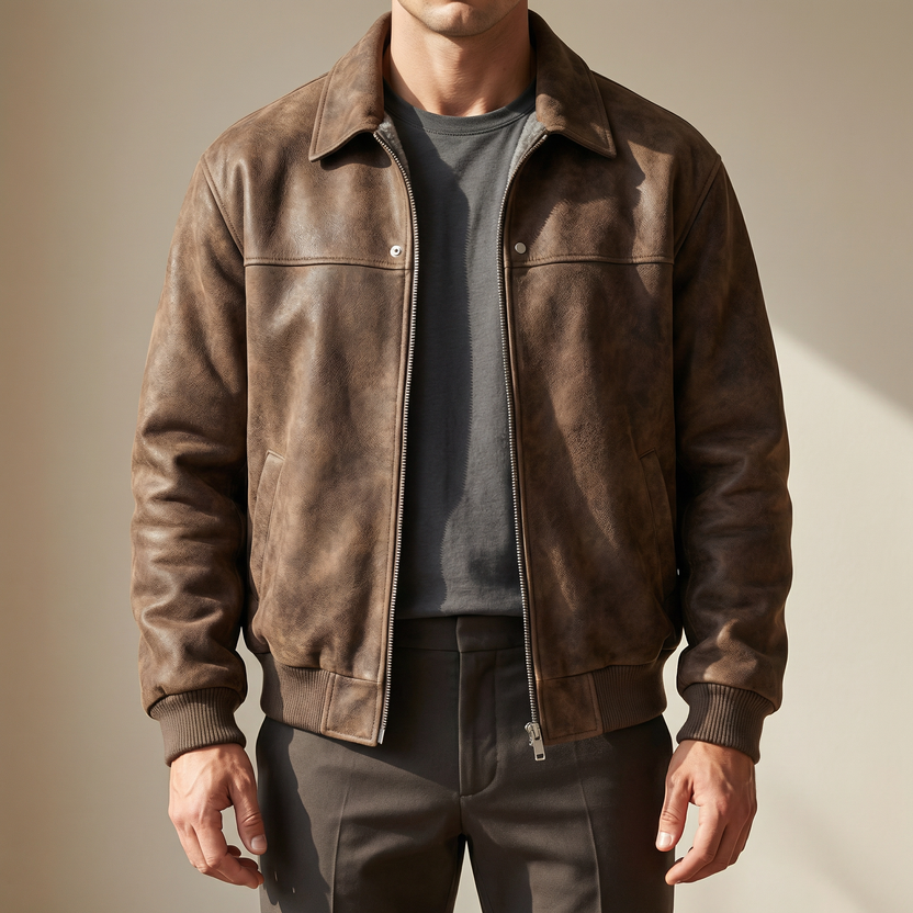 Men's relaxed fit smooth leather zip jacket, perfect for everyday wear, showcasing a stylish design and comfortable fit, ideal for casual outings and versatile styling. 0