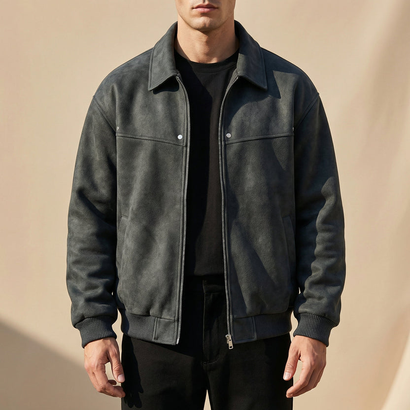 Men's relaxed fit smooth leather zip jacket, perfect for everyday wear, showcasing a stylish design and comfortable fit, ideal for casual outings and versatile styling. 2